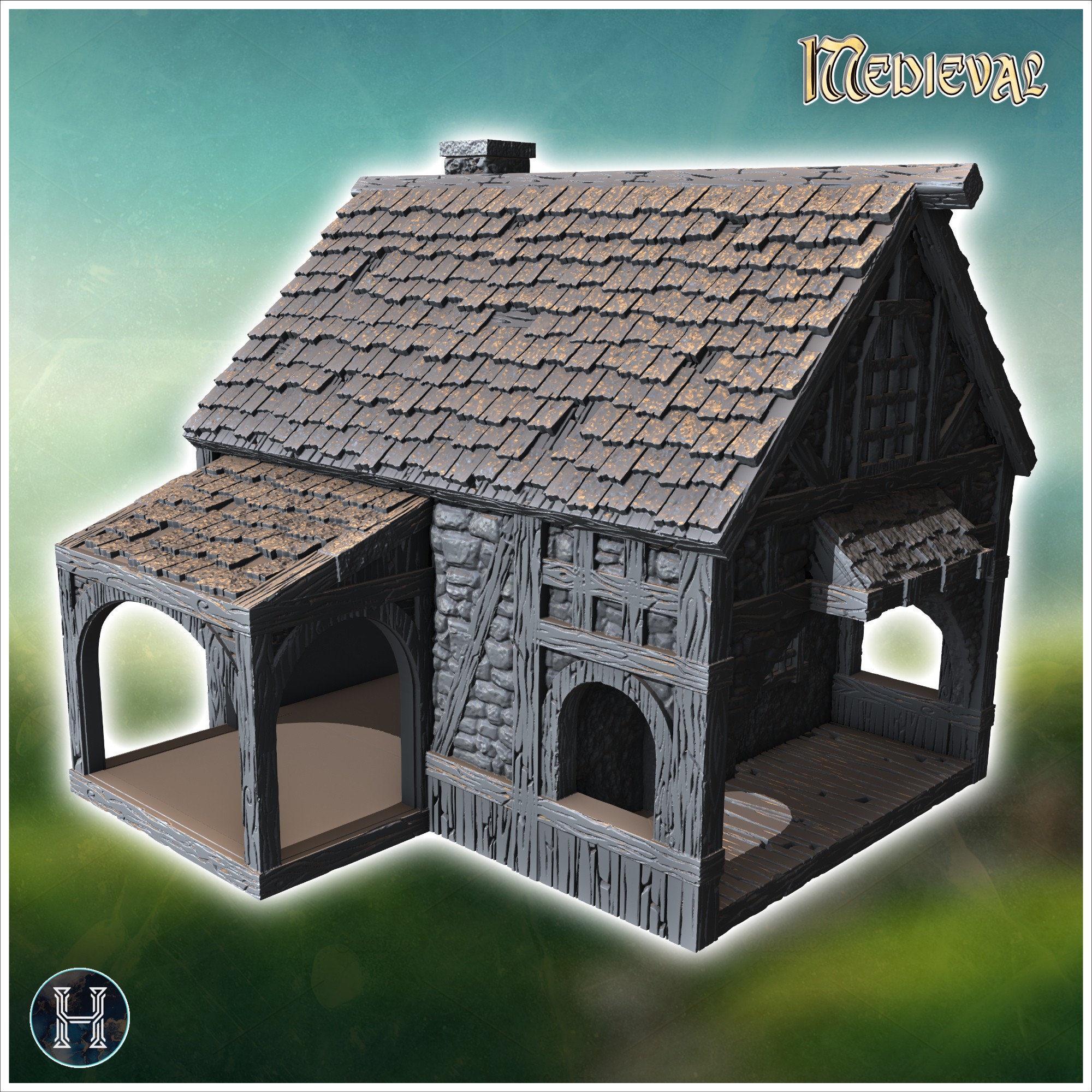 Half-timbered house with a steep roof, wooden framework, and a large front porch (40) - Medieval Gothic Feudal Old Archaic Saga 28mm 15mm RPG